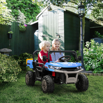 12V Ride on Car with Electric Bucket, Two-Seater, Shovel, Remote Control, Spring Suspension, Horn, Music, Blue