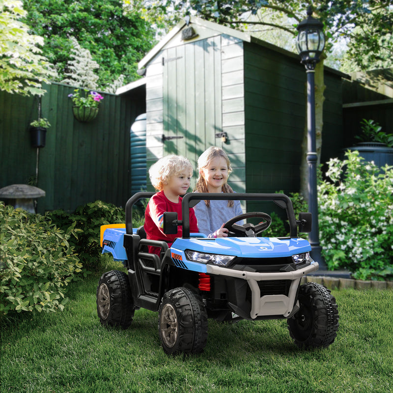 12V Ride on Car with Electric Bucket, Two-Seater, Shovel, Remote Control, Spring Suspension, Horn, Music, Blue