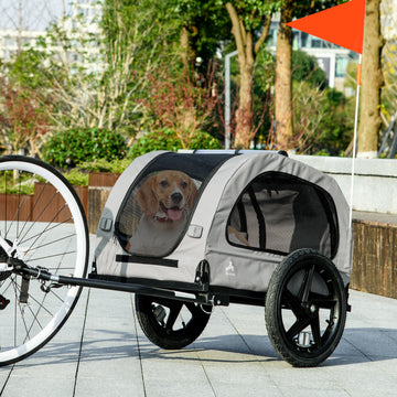 Aosom Dog Bike Trailer with Mesh Windows, Safety Leash, Safety Flag, Doors, for Small Medium Dogs Travel, Light Grey