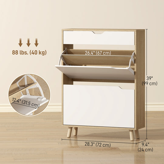 Narrow Shoe Cabinet for Entryway with 2 Flip Drawers, Top Drawer and Adjustable Shelves for 12 Pairs of Shoes, Black