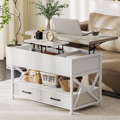 Modern Coffee Table, Lift Top Center Table with Fabric Drawers and Hidden Storage for Living Room, Cement Grey