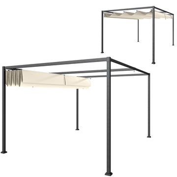 10x7ft Pergola with Retractable Roof Outdoor Patio Sun Shelter Garden Grape Tent Water-resistant Yard Shade, Cream White