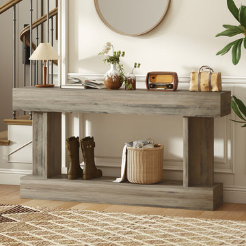 63 Inch Long Console Table, Vintage Narrow Entryway Table with Storage Shelf for Living Room and Hallway, Light Brown