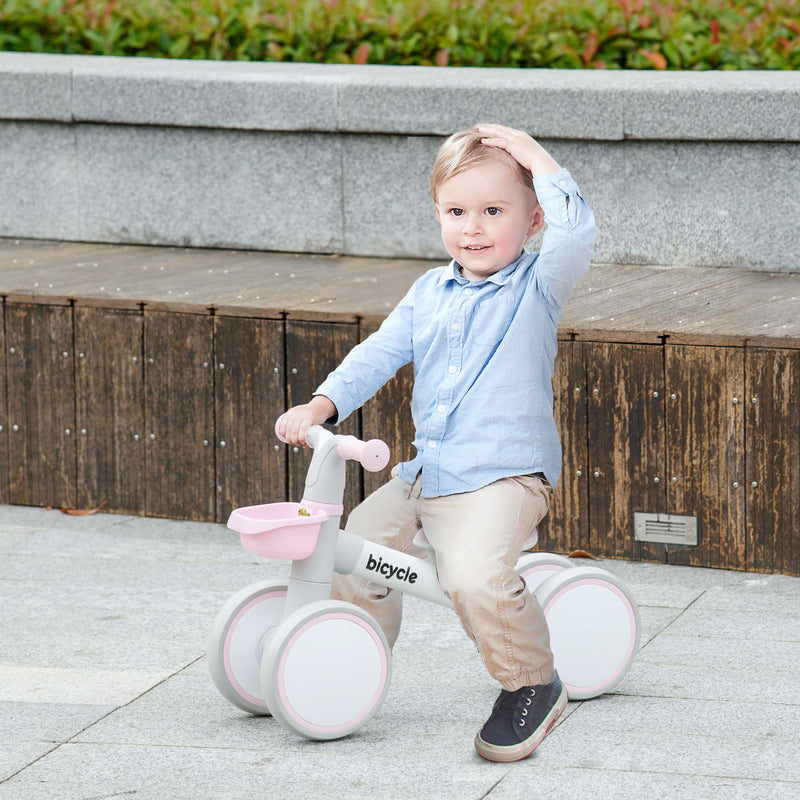 Qaba Toddler Balance Bike for 12–36 Months with Adjustable Seat, Removable Basket, 4 Silent Wheels, Pink