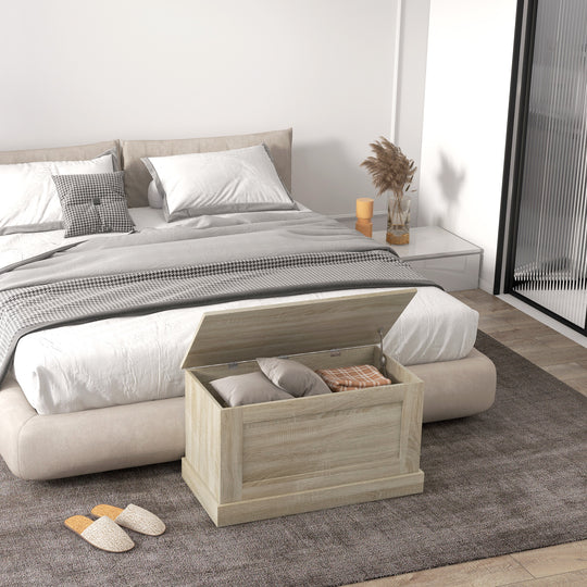 31.5 Inches Storage Chest, Storage Trunk with Safety Hinge, Wooden Box for Living Room, Natural Wood Grain