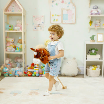 Qaba Unicorn Stick Horse, Plush Hobby Horse with Wood Wheels, Real Pony Neighing and Galloping Sounds, for Kids, Brown