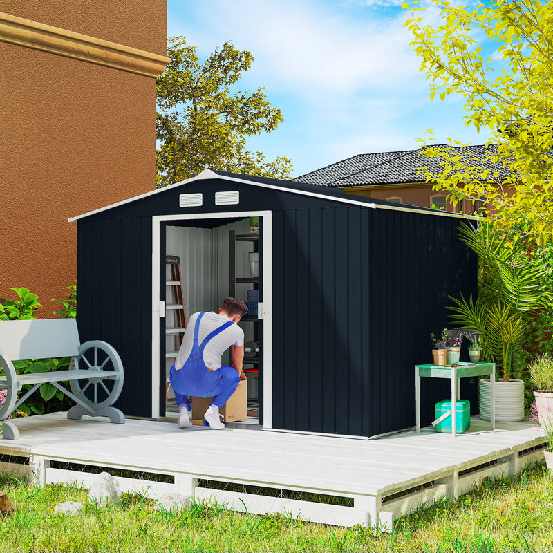 9.1'x6.4'x6.3' Garden Storage Shed w/ Foundation Kit Metal Tool Storage House w/ Double Doors, Dark Grey