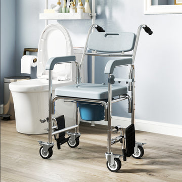 Rolling Shower Chair, Bedside Commode Chair with Wheels, Backrest, Arms, Flip Footrests for Seniors, Disabled, Grey