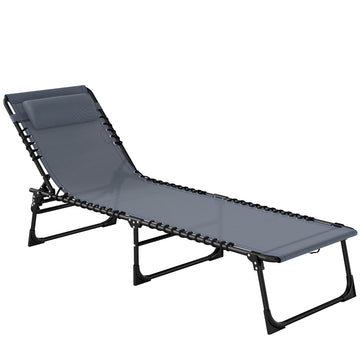 Outdoor Folding Lounge Chair, 4-Level Adjustable Chaise Lounge with Headrest, Tanning Chair Beach Bed, Reclining Lounger Cot for Camping, Hiking, Backyard, Grey