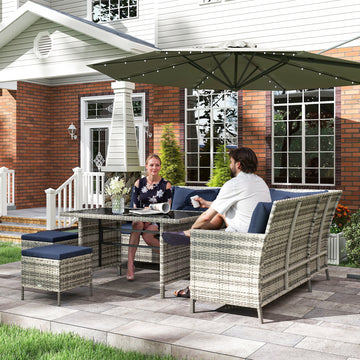 6pcs Outdoor Rattan Sofa Set Garden Wicker Sectional Couch Furniture Set with Dining Table and Chair Deep Blue