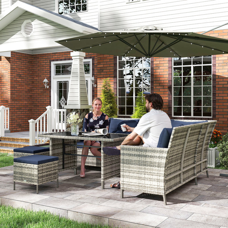 6pcs Outdoor Rattan Sofa Set Garden Wicker Sectional Couch Furniture Set with Dining Table and Chair Deep Blue