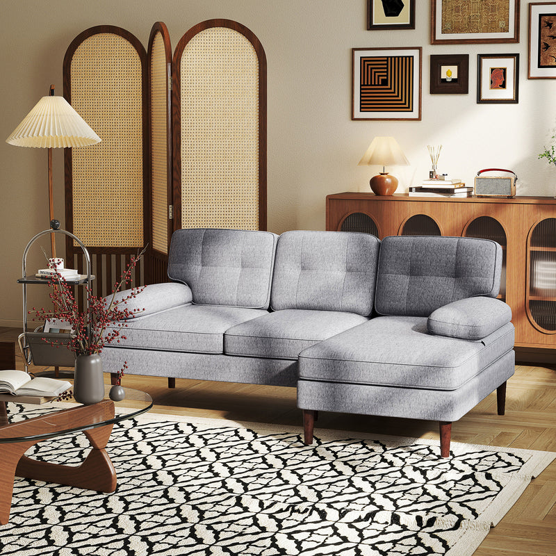 Modern Corner Couch with Right Chaise Lounge, Tufted 3-Seater Sofa with Wooden Legs for Living Room, Grey