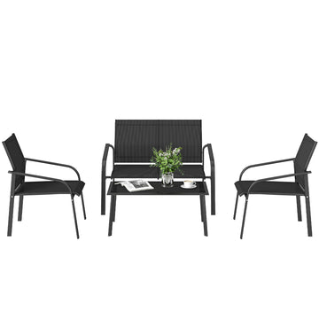 4 Piece Patio Furniture Set, Outdoor Conversation Set with Deep Seat, Loveseats, Armchairs, Glass-Top Table, Black