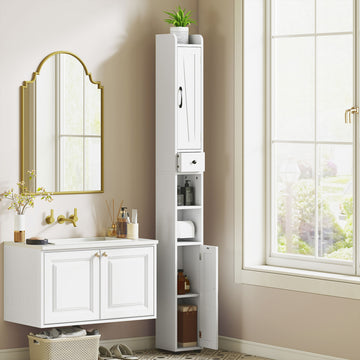 Narrow Bathroom Cabinet, Tall Bathroom Storage Cabinet with Barn Doors, Drawer and Adjustable Shelves, White Wood Grain
