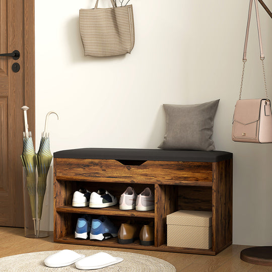 Shoe Bench Entryway Storage Rack with Padded Cushion, Hidden Storage for Hallway, Living Room, Rustic Brown