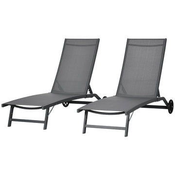 Outdoor Lounge Chair Set of 2, Tanning Chair with Wheels, Breathable Mesh for Patio, Backyard, Poolside, Dark Grey
