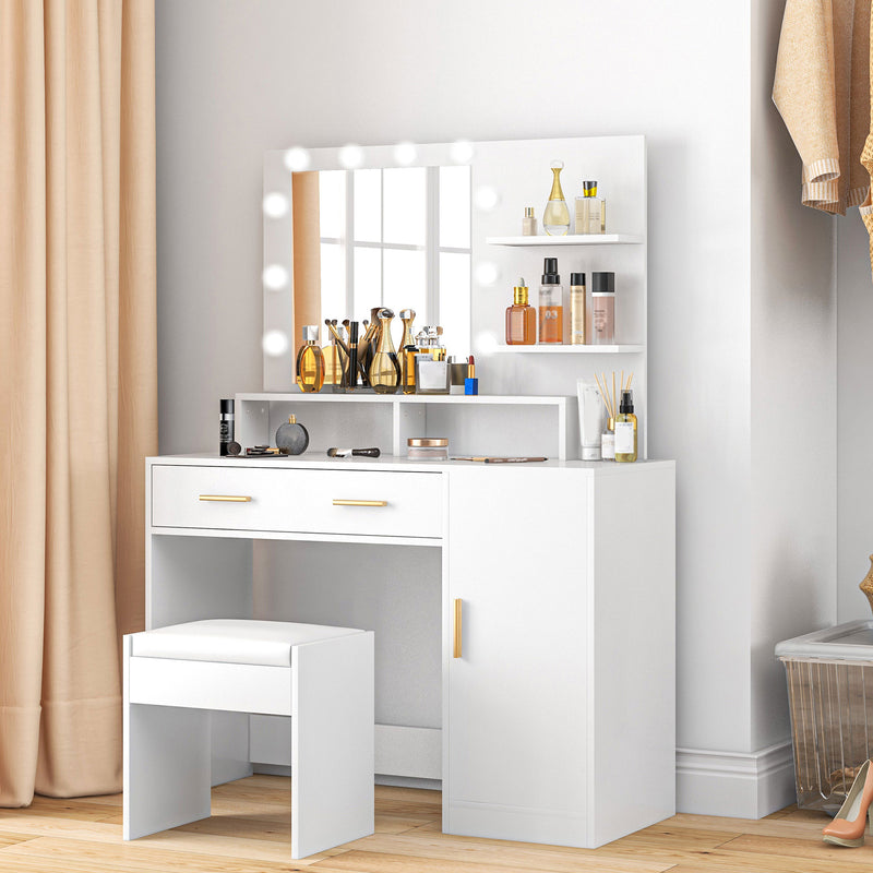 Illuminated Dressing Table Set, LED Vanity Table Set with Stool, LED Mirror, Drawer and Cabinet Shelves for Bedroom