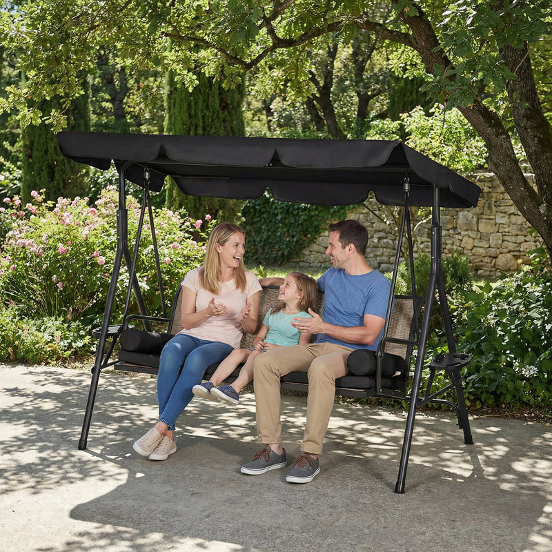 3-Seat Patio Swing Chair, Outdoor Canopy Swing Glider with Adjustable Shade, Black