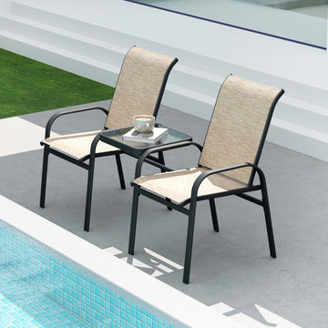 Outdoor Loveseat with Glass Table, Garden Patio Bench with Breathable Mesh Seat, High Back, Armrests, Brown