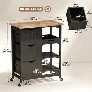 Kitchen Cart on Wheels, Rolling Kitchen Island Cart with Wood Top, 3 Drawers and Shelves for Home Dining Area
