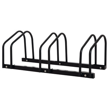 3-Bike Bicycle Floor Parking Rack Cycling Storage Stand Ground Mount Garage Organizer for Indoor and Outdoor Use, Black