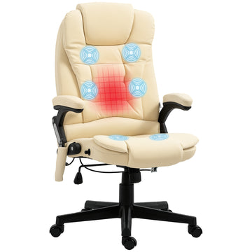 Office Chair Adjustable Heated Ergonomic Massage Swivel Vibrating High Back Leather Executive Chair Office Furniture (Beige)