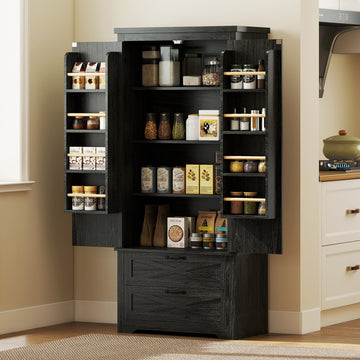 Garde-manger de cuisine style fermette, armoire autoportante de 64 po avec tiroirs, noir