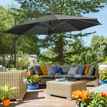 9.6' Cantilever Patio Umbrella Outdoor Hanging Offset Umbrella, Cross Base, 360° Rotation Aluminum Poles, Grey