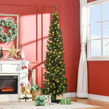 7' Pre Lit Artificial Pencil Christmas Trees, Xmas Tree with Realistic Branches and Warm White LED Lights, Green
