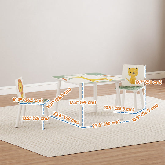 3-Piece Kids Table and Chair Set with Animal Pattern for Boys and Girls Aged 3-8, Bedroom, Nursery, Playroom, Green