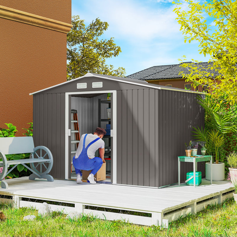 9.1'x6.4'x6.3' Garden Storage Shed w/ Foundation Kit Metal Tool Storage House w/ Double Doors, Grey