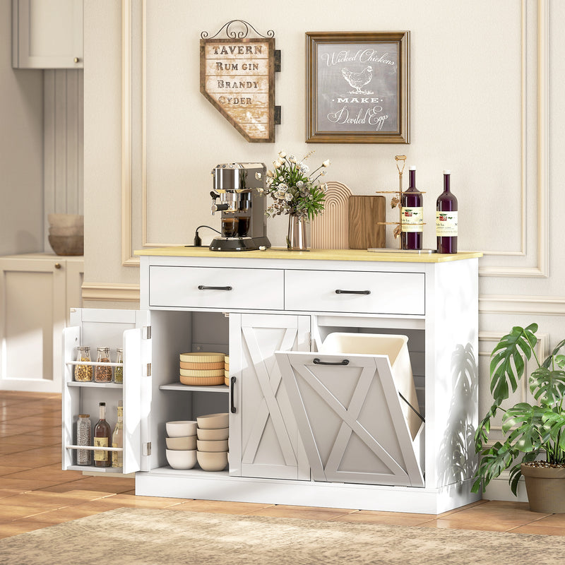 7 Gallon Tilt Out Garbage Cabinet, Kitchen Island with Charging Station, 2 Drawers, 4 Door Racks