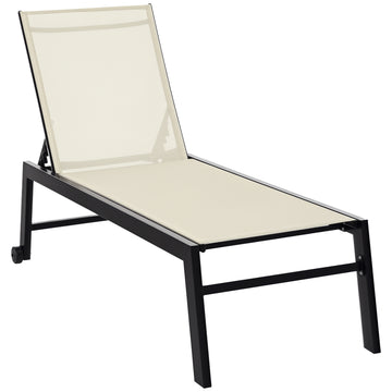 Outdoor Lounge Chair, Patio Lounger with 5-Position Reclining Backrest and 2 Wheels for Poolside, Beach, Lawn, Cream White