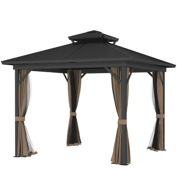 10' x 10' Hardtop Gazebo, Sun Shelter with Double Tier Metal Roof, Mosquito Netting, and Hanging Hook, Dark