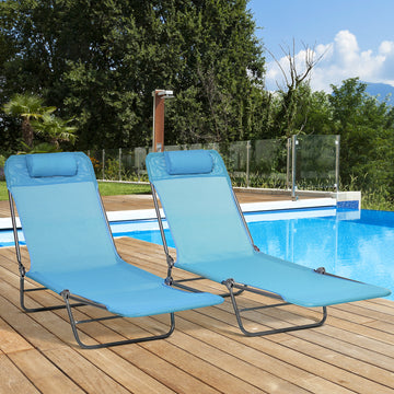 Set of 2 Folding Chaise Lounge Chairs, Outdoor Poolside Sun Tanning Chairs w/ Pillow, Reclining Backrest, Blue