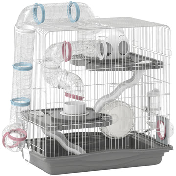 3-Tier Hamster Cage, Portable Gerbil Cage with Exercise Wheels, Water Bottle, Food Dish, for Dwarf Hamsters, Mouse, Grey
