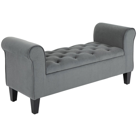 Button Tufted Storage Ottoman Bench, End of Bed Bench with Rolled Arms, Storage Chest for Living Room, Entryway, Grey