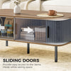 Coffee Table with Storage, Nordic Side Table with Fluted Tambour Sliding Doors and Steel Legs for Living Room, Oak