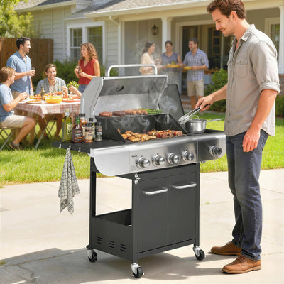 4 Burner Propane Gas Grill with Side Burner, 53,000 BTU BBQ Grill with Cast Iron Grates, Wheels, Warming Rack, Cabinet