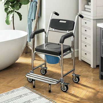3-in-1 Shower Commode Wheelchair, Transport Beside Commode Chair with Padded Seat for the Elderly, Disabled