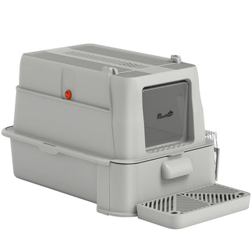 80L XL Stainless Steel Cat Litter Box for Big Cats with Flip Cover, Pull-Out Drawer Tray, High Sided, Pedal, Light Grey
