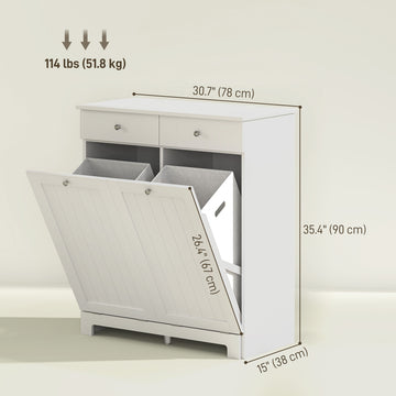 Laundry Cabinet, Tilt Out Laundry Hamper Cabinet with 2 Baskets, Bathroom Hamper Cabinet with 2 Drawers, White