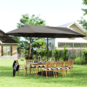 15' Outdoor Patio Umbrella with Twin Canopy Sunshade Steel Table Umbrella with Lift Crank, Cross base, Sandbag, Dark Grey