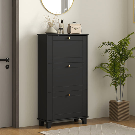 Narrow Shoe Storage with 3 Flip Drawers and Adjustable Shelves, Shoe Cabinet Organizer for 12 Pairs of Shoes, Black