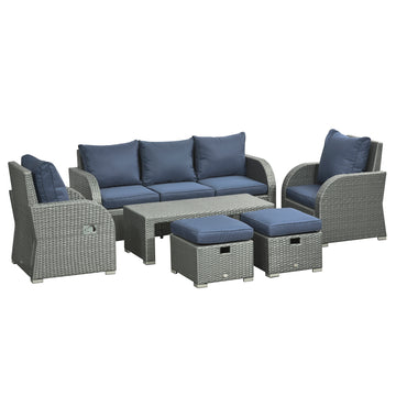 6 Pieces Patio Furniture with Cushions, PE Wicker Sectional Furniture Conversation Set with a 3-Seat Sofa, 2 Recliner Chairs, 2 Footstools, Table, Dark Blue