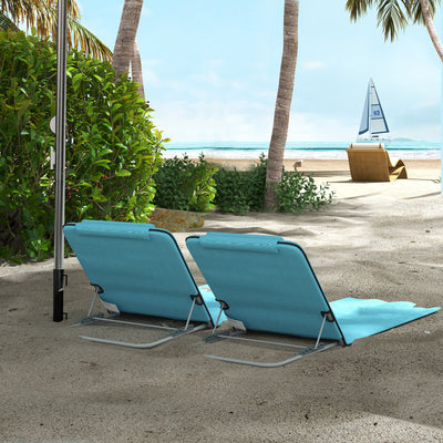 2 Pieces Beach Lounge Chair, Outdoor Folding Chaise Lounge Set w/ Pillow for Sunbath, Snap, Blue