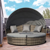 4 Pieces Outdoor Daybed with Retractable Canopy, PE Rattan Wicker Round Sofa Day Bed, Patio Sectional Conversation Furniture Set with Cushions and Pillows