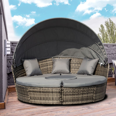 4 Pieces Outdoor Daybed with Retractable Canopy, PE Rattan Wicker Round Sofa Day Bed, Patio Sectional Conversation Furniture Set with Cushions and Pillows