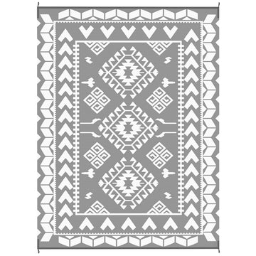 9' x 12' Outdoor RV Rug, Reversible Patio Floor Mat with Carry Bag, Rhombus Patchwork, Grey and White