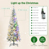 6ft Flocked Christmas Tree with Dual Colour LED Light, Pencil Hinged Xmas Tree with 11 Light Modes, Easy Assembly